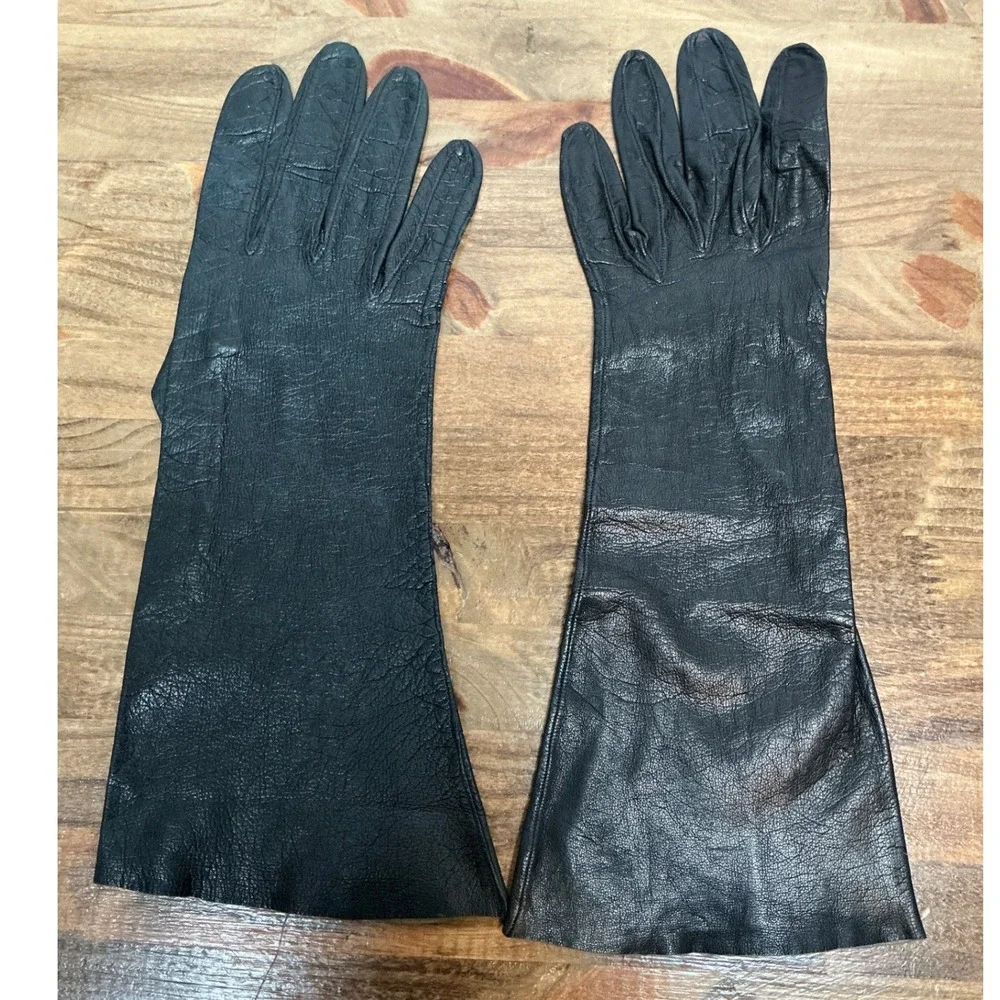 Vintage Black Leather Opera Gloves Womens Long Dress Formal Evening Soft Leather
